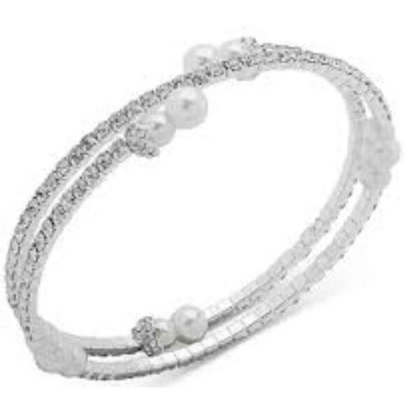 New Macy's Station Anne Klein Imitation Pearl with Crystals Coil Wrap Bracelet - Picture 2 of 4
